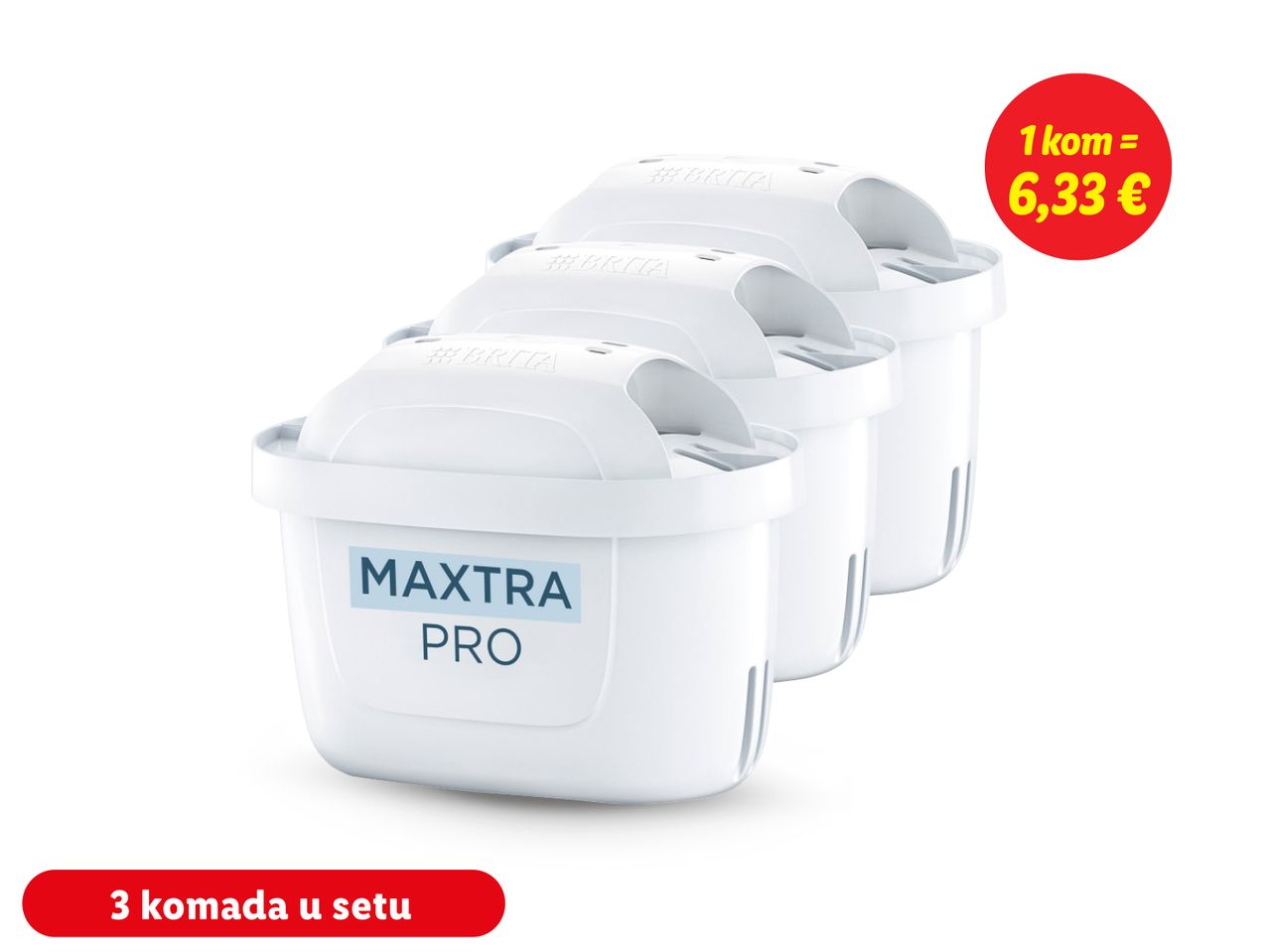 Set od tri Brita Maxtra Pro filtera za vodu; cijena po komadu 6,33€.