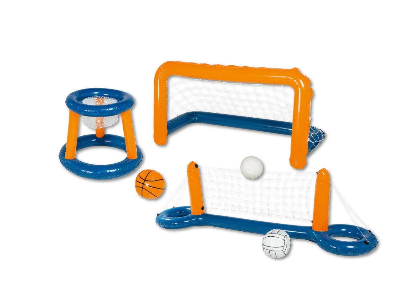Uzpūšamās basketbola grozs un volejbola vārti spēlēm baseinā.