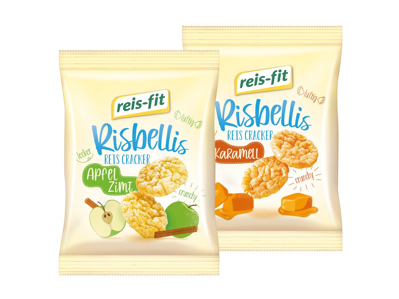 Zwei Packungen Rishklis Kekse, eine mit Apfel-Zimt und eine mit Karamell.