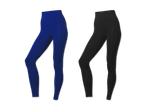 Zwei Leggings, eine blaue und eine schwarze, auf schwarzem Hintergrund.