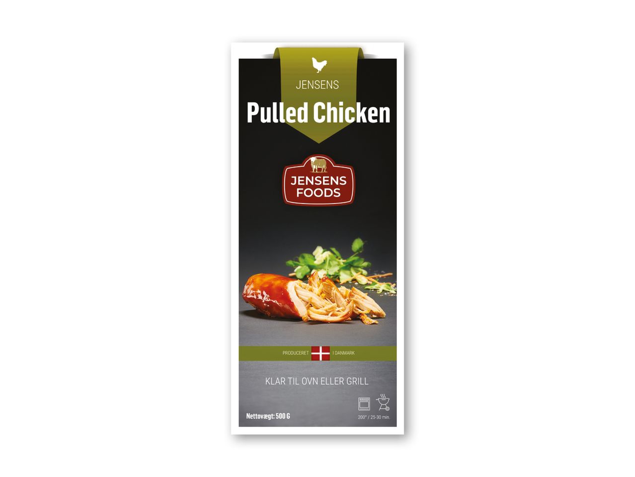 En pakke Jensens Pulled Chicken med tilberedningsinstruktioner og vægt.