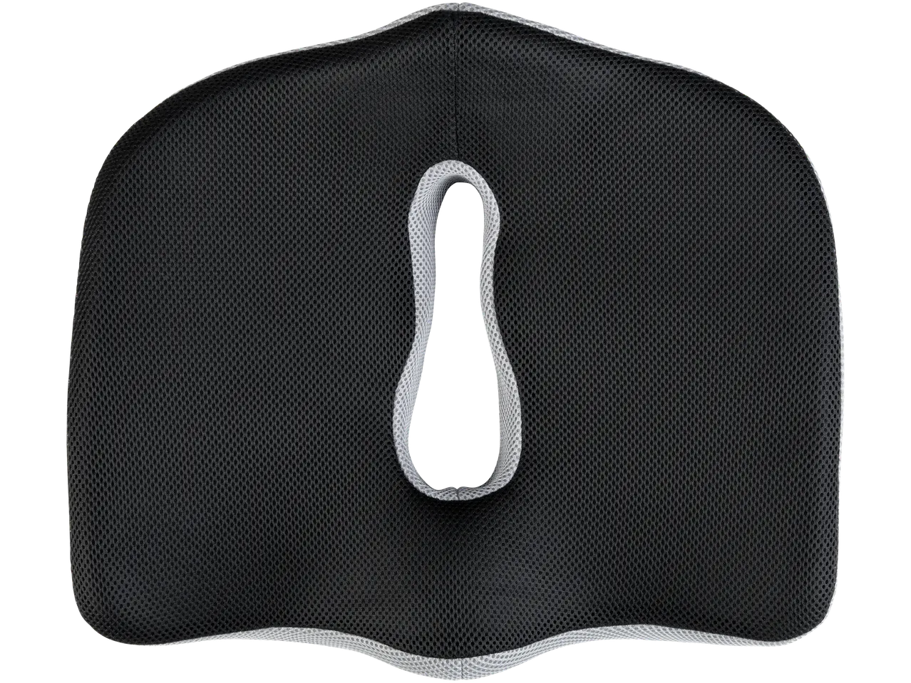 A black mesh coccyx cushion with a cutout for the tailbone.