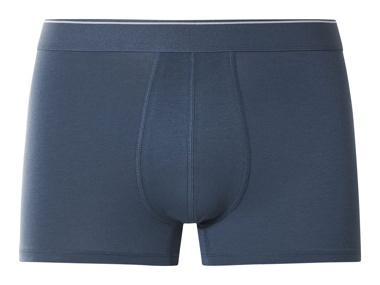 Men's dark blue boxer briefs with a striped waistband.