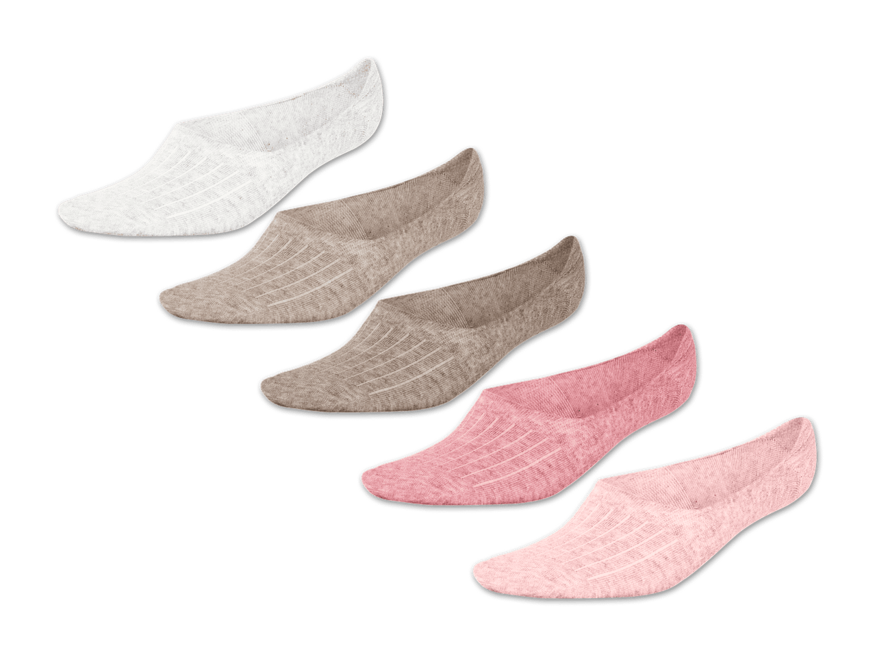 Fünf Paar Damensocken in Weiß, Beige und Rosa.