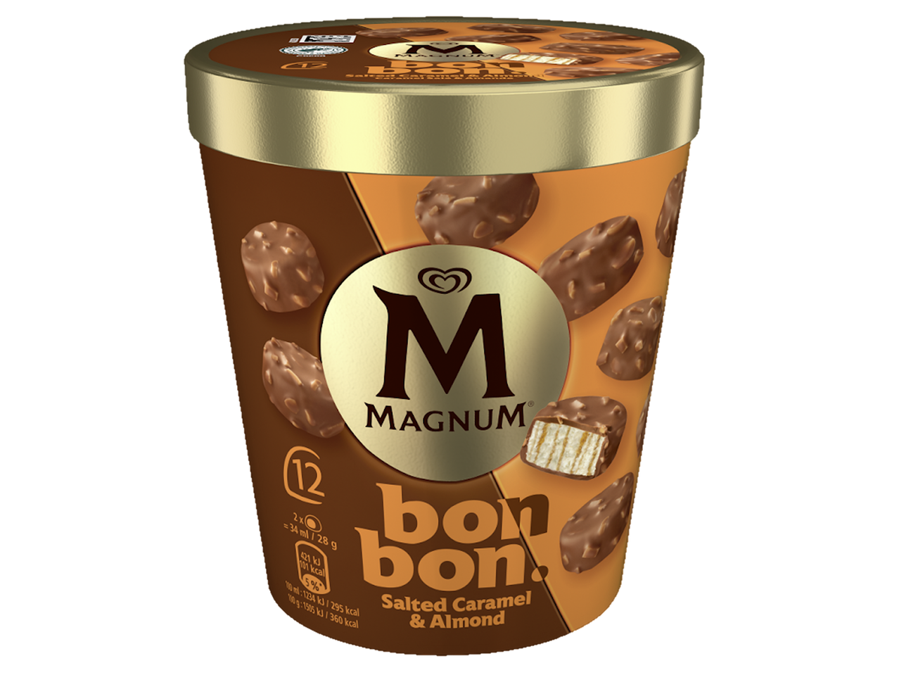 Pote de gelado de caramelo salgado e amêndoa com 12 bombons.
