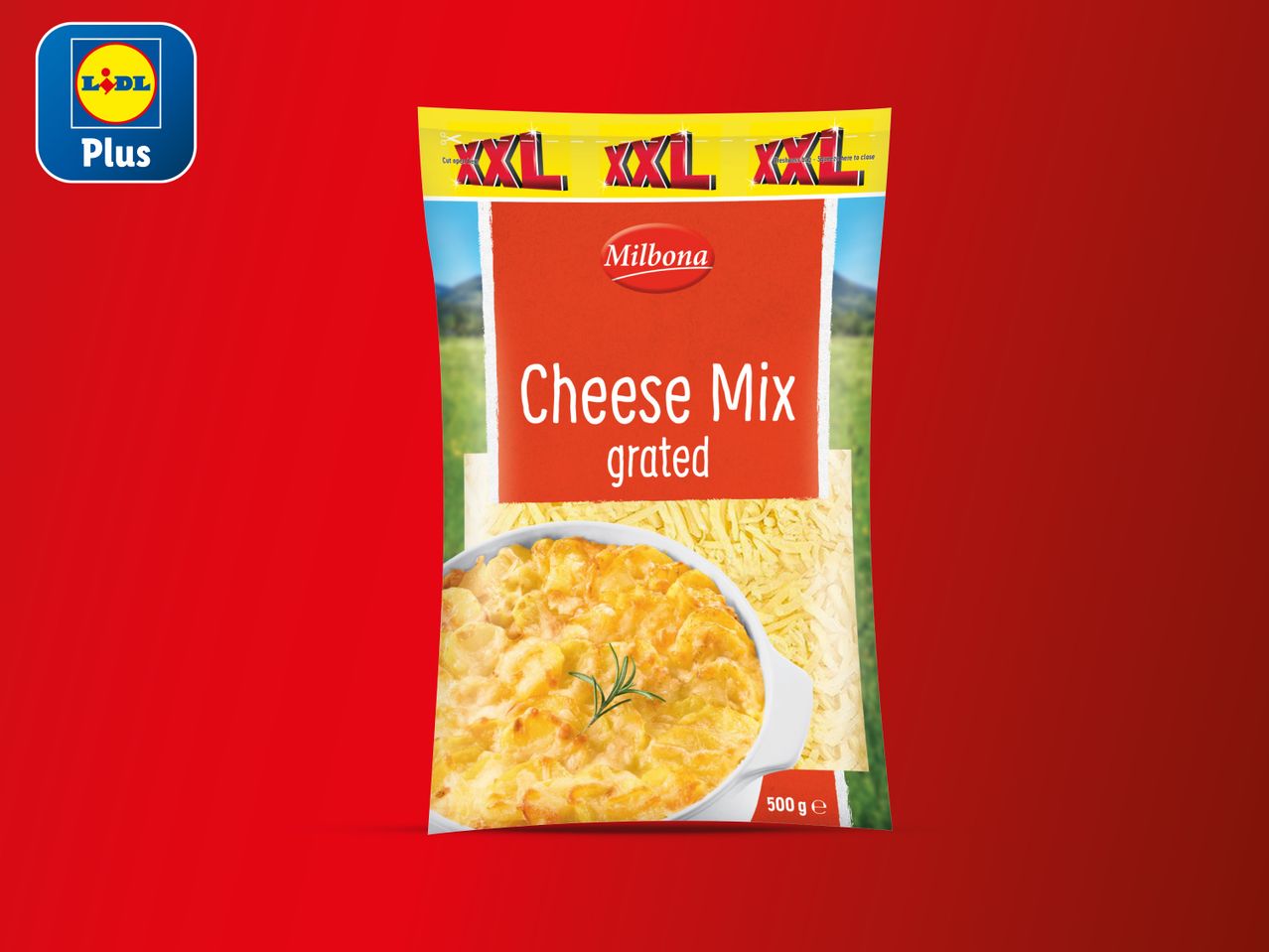 Pakiranje ribanog sira Milbona XXL Plus marke Lidl.
