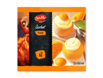 Appelsinsorbet i appelsinskaller, med en danser og teksten 'Sorbet Orange x2 2x150ml'.