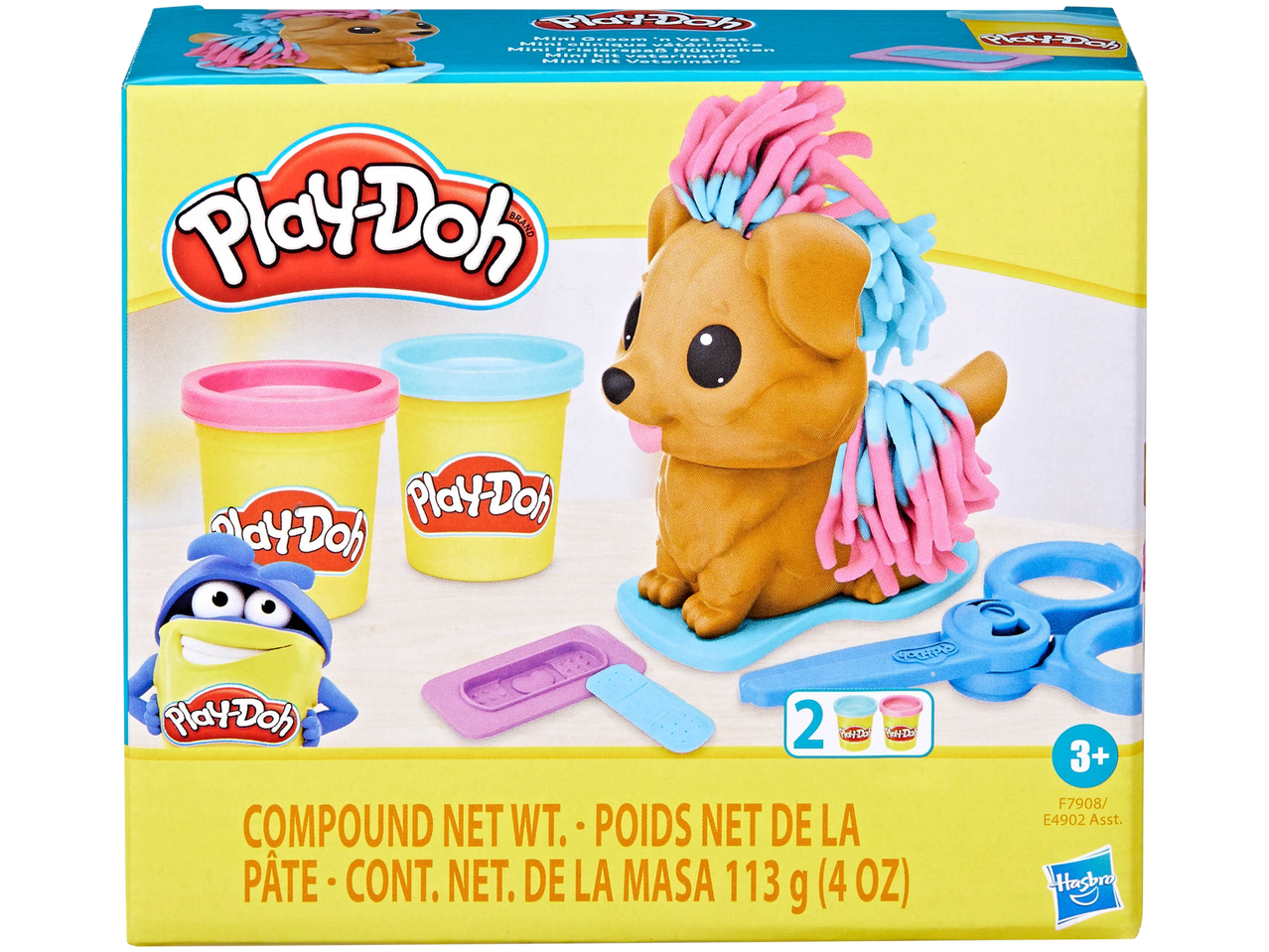 Play-Doh Mini Groom 'n Vet Set with dog figure, two play-doh cans, and accessories.
