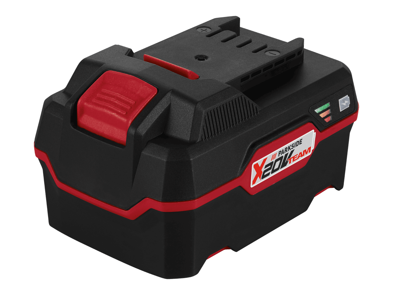 Parkside X 20V Team -akkupaketti, musta ja punainen, lataustason ilmaisimella