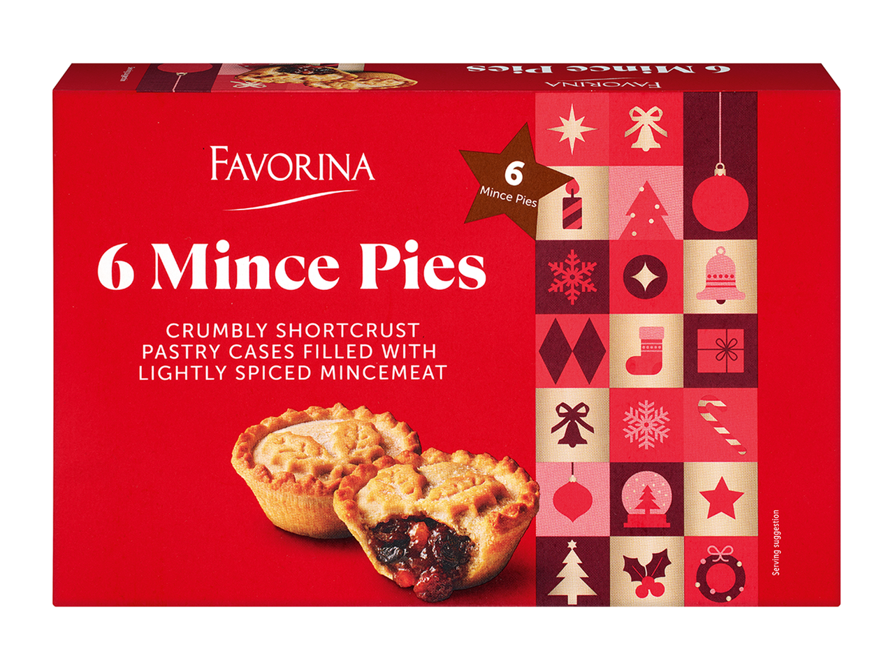 A red box of 6 mince pies with festive illustrations and a photo of the pies.