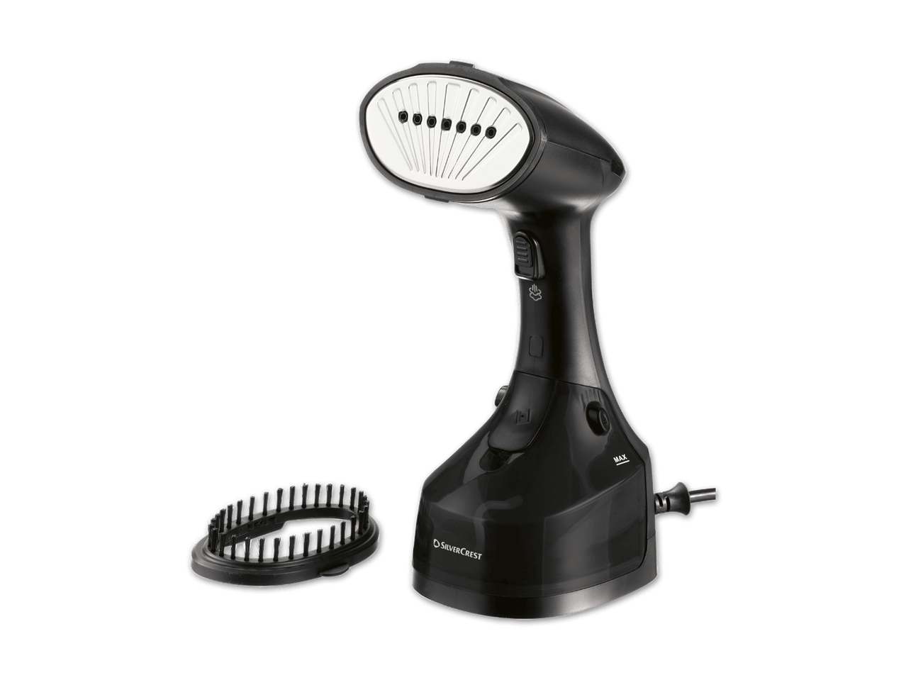 SilverCrest Handdampfglätter mit Bürstenaufsatz auf schwarzem Hintergrund