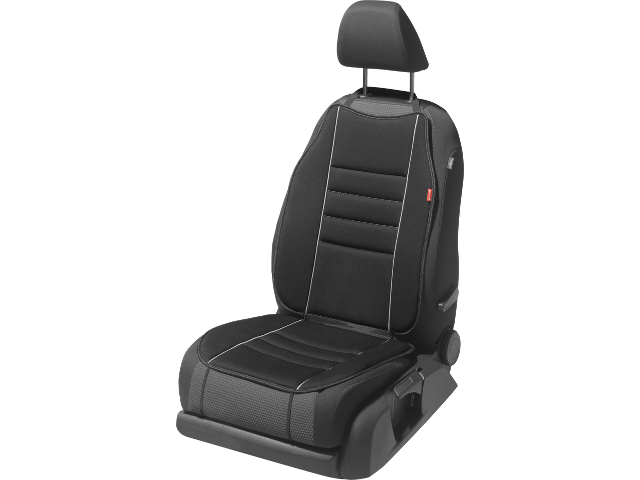 ULTIMATE SPEED® Car Seat Cushion in black with white stitching, on a car seat.