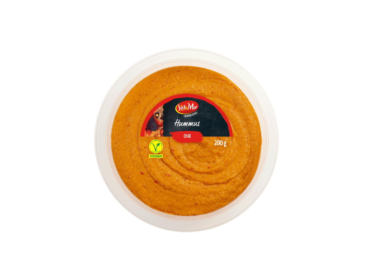 Pakovanje humusa sa čilijem, 200g, sa oznakom da je vegansko.