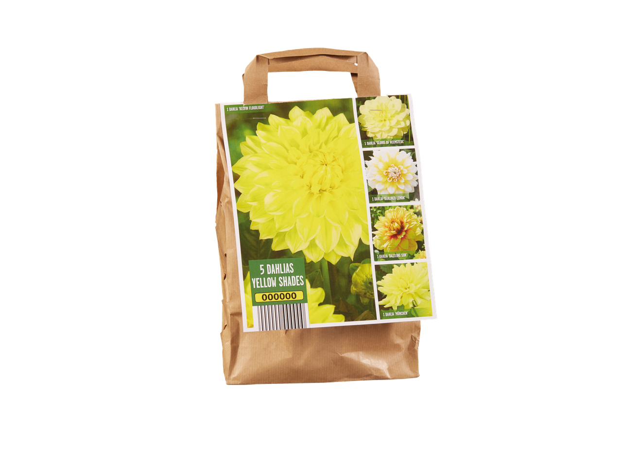 Pet žutih dalija u papirnoj kesi.