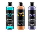 Three shower gels: Mintilicious Tingle (blue), Honey I'm Home (orange), and Relax (purple).