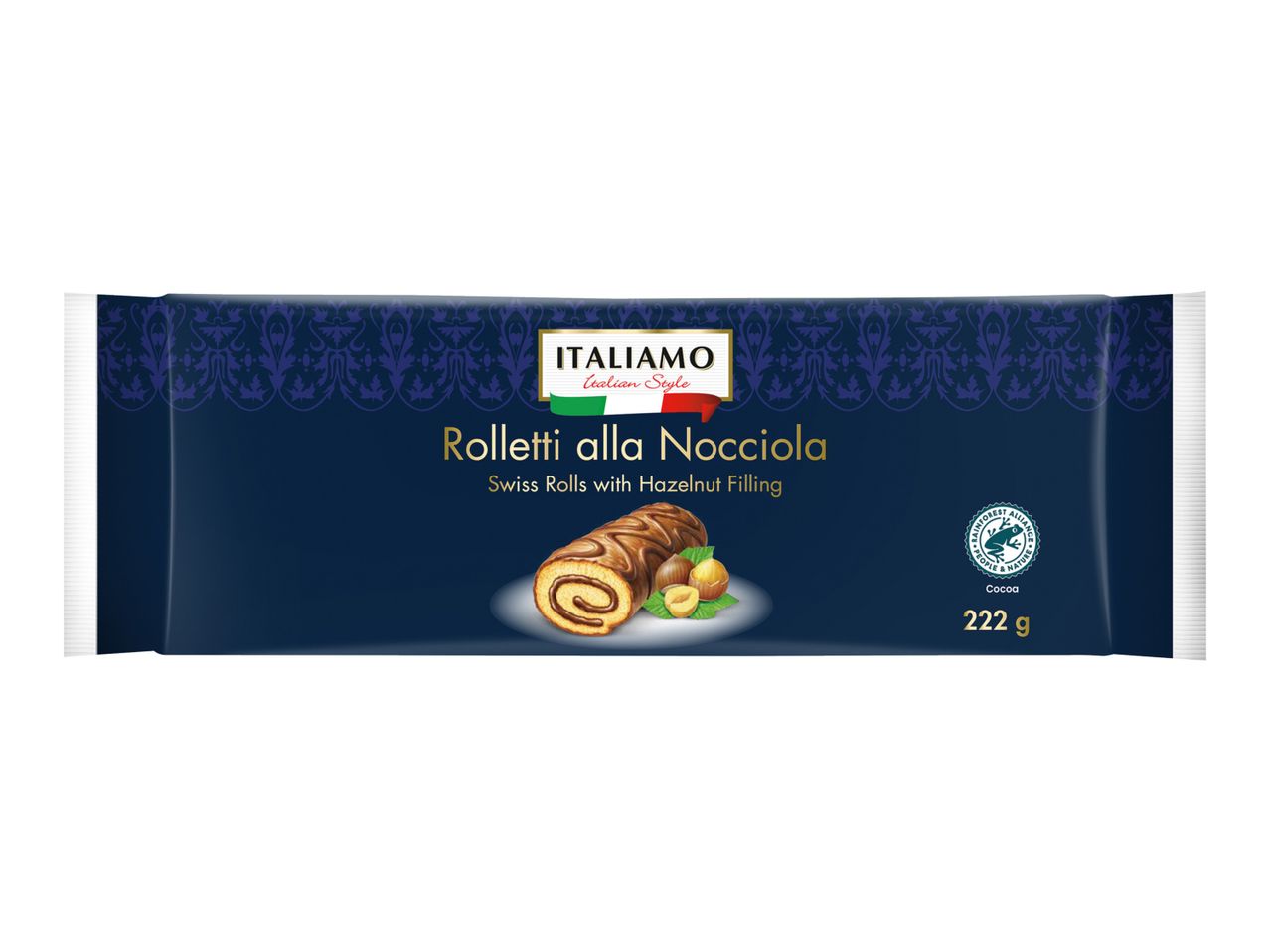 Dark blue packaging for Swiss rolls with hazelnut filling, featuring a rolled cake and hazelnuts.
