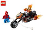 A toy set featuring a superhero minifigure and a flaming skull minifigure on a motorcycle.