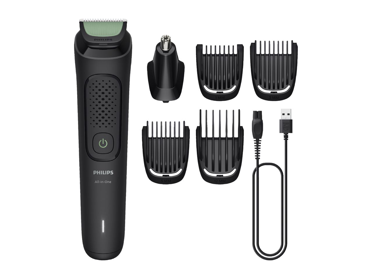 Black all-in-one trimmer with various comb attachments, a nose trimmer, and a charging cable.