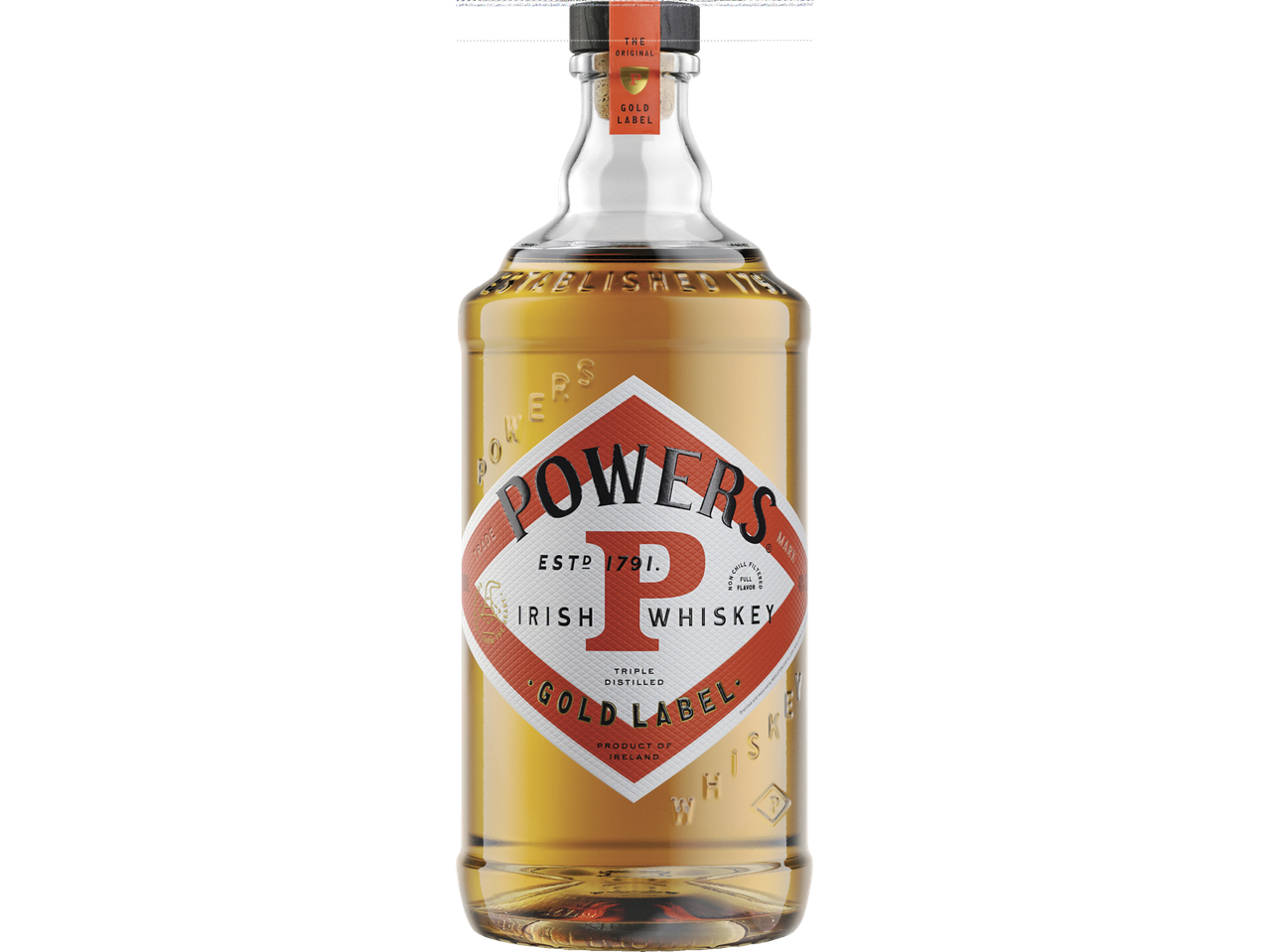 Powers Irish Whiskey Gold Label bottle.