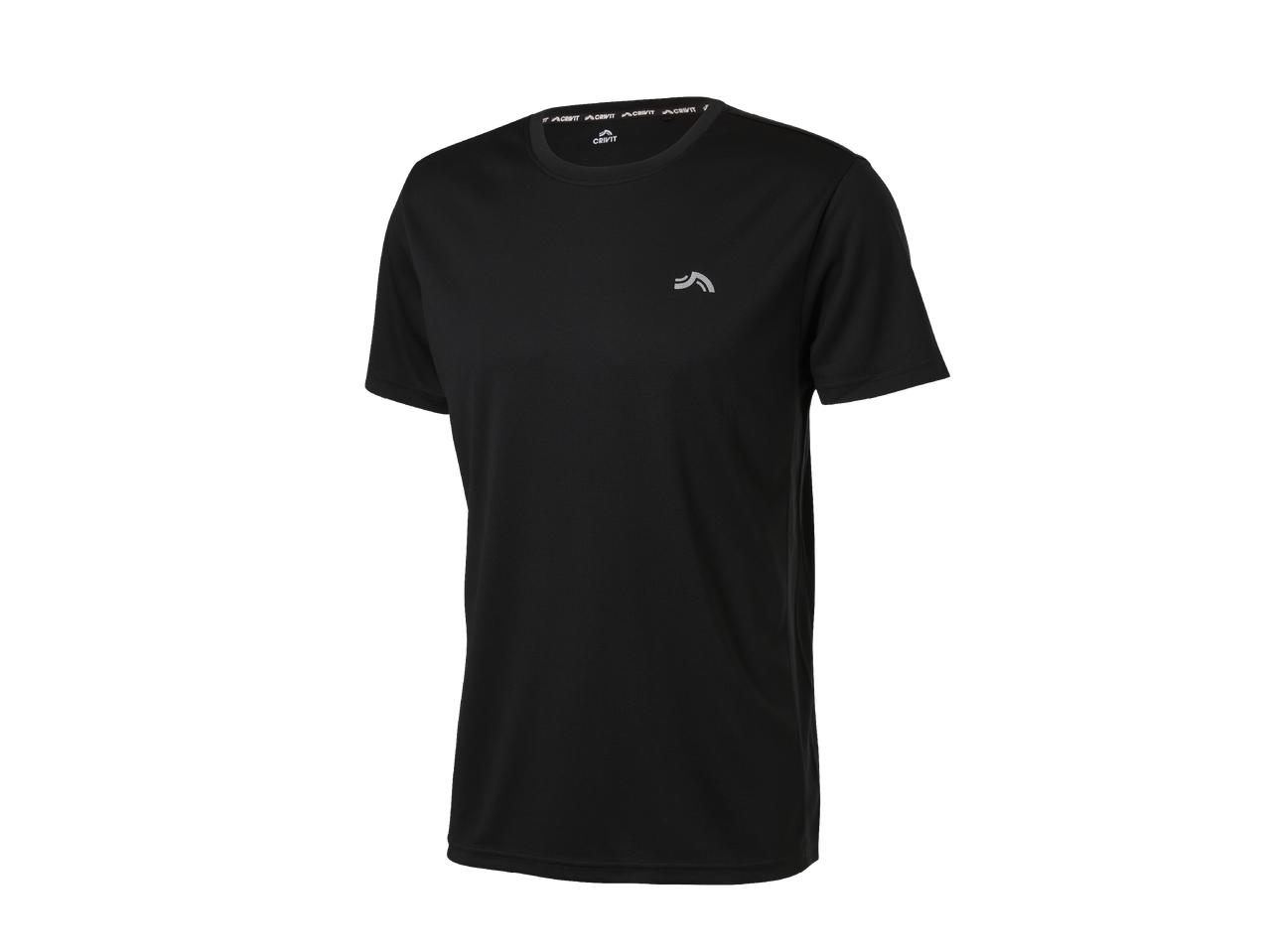 Черна мъжка спортна тениска с къс ръкав и малко лого на гърдите.