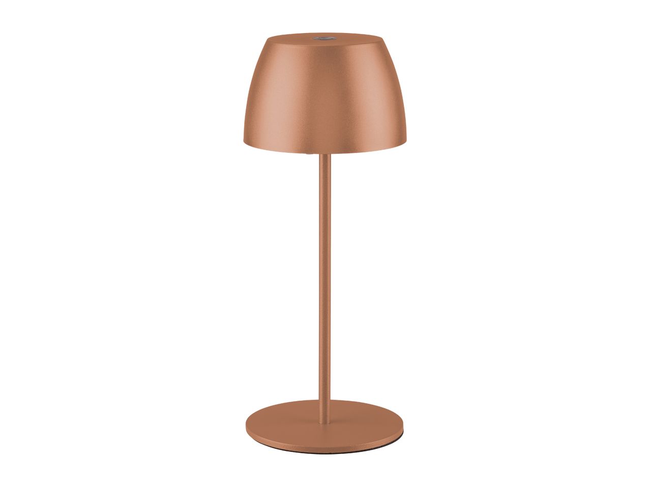 Copper-colored cordless LED table lamp with a round base and dome shade