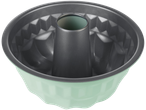 Uma forma de bolo gugelhupf verde-menta com interior cinza-escuro antiaderente.