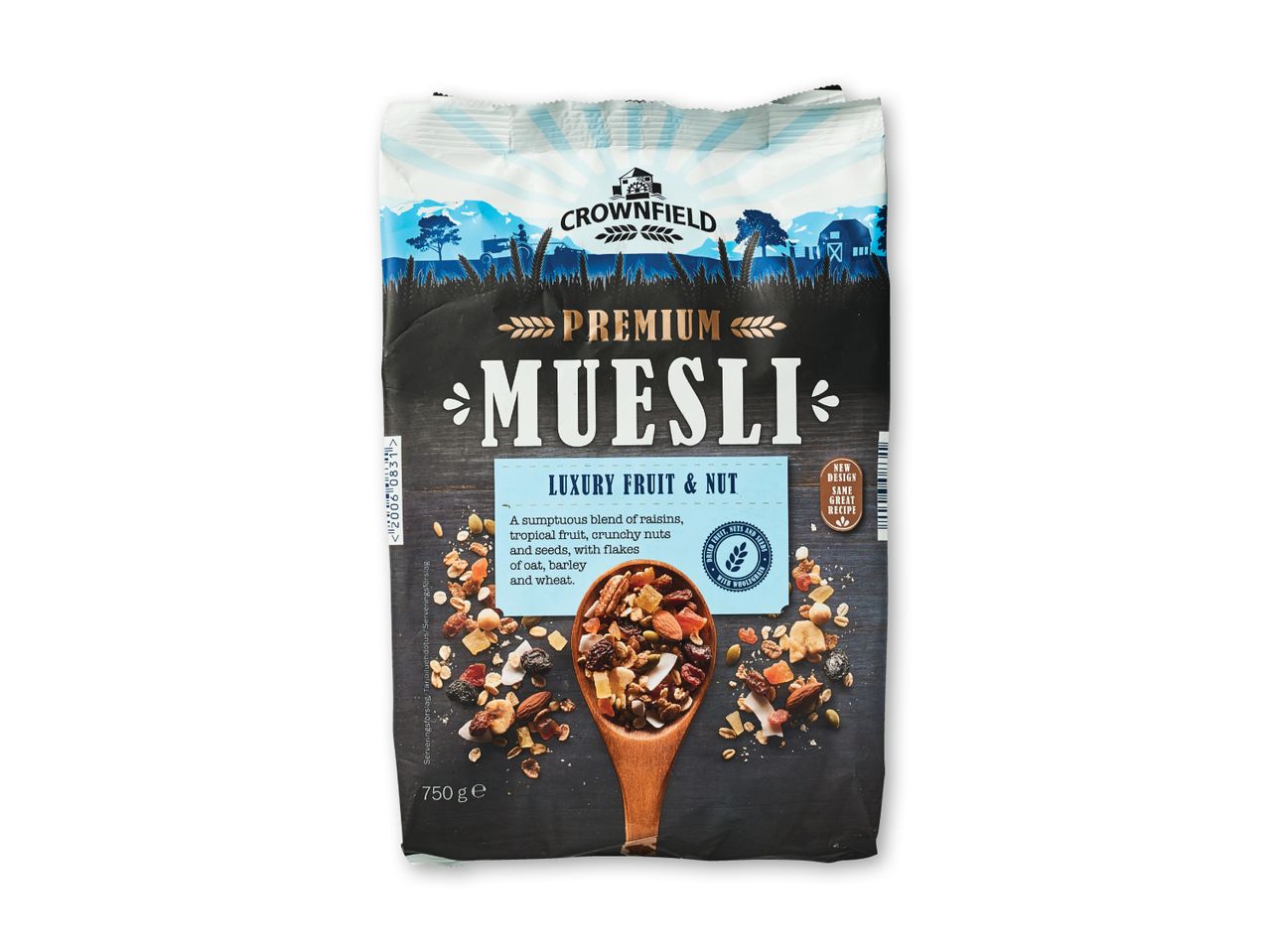 En pakke Friland Müsli med chokolade og nødder.
