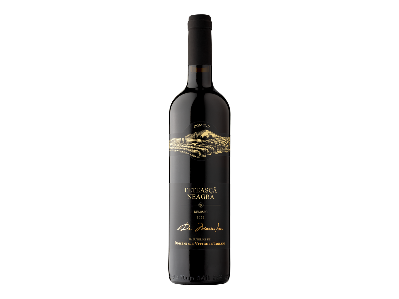O sticlă de vin roșu Fetească Neagră Demisec 2023 de la Domeniile Viticole Tohani.