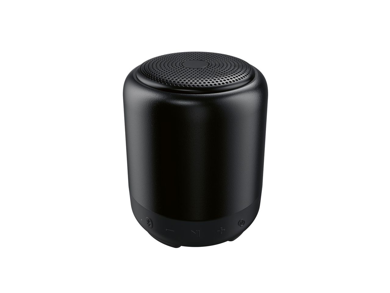 A black cylindrical Bluetooth speaker.