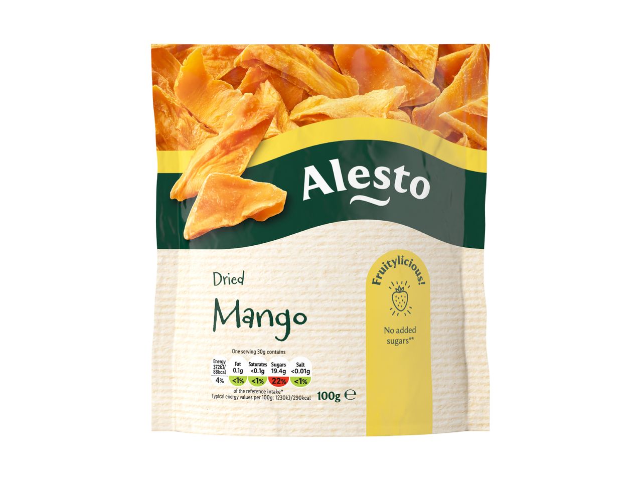 Dried mango snack with nutritional information, labeled as 'Fruitylicious! No added sugars'.