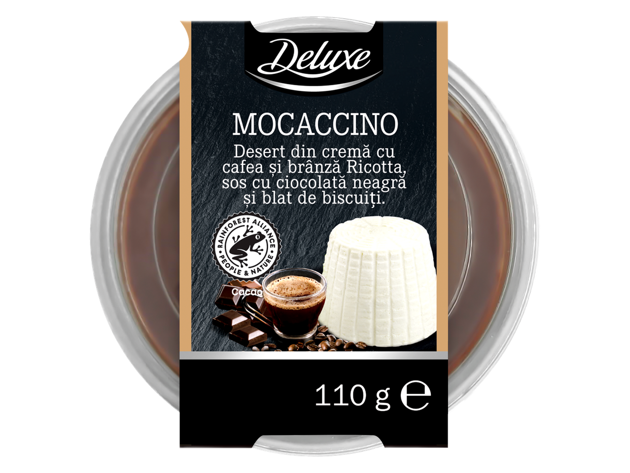 Desert Mocaccino Deluxe: cremă cu cafea, ricotta, ciocolată și biscuiți.