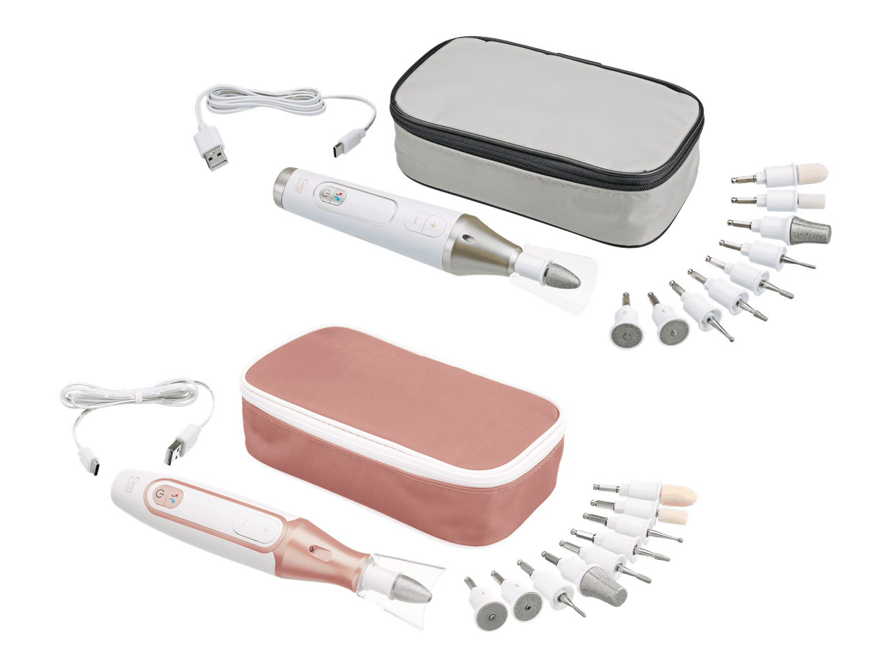 Kaksi Cien Beauty -manikyyri-/pedikyyrisettiä, joissa on laitteet, kotelot, USB-kaapelit ja tarvikkeet.