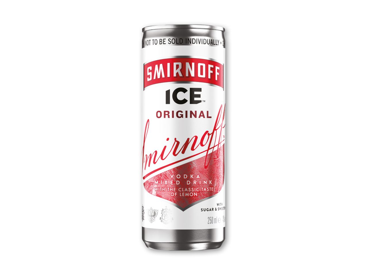Hvid og rød dåse med vodka-blandet drik med citronsmag, 250 ml.