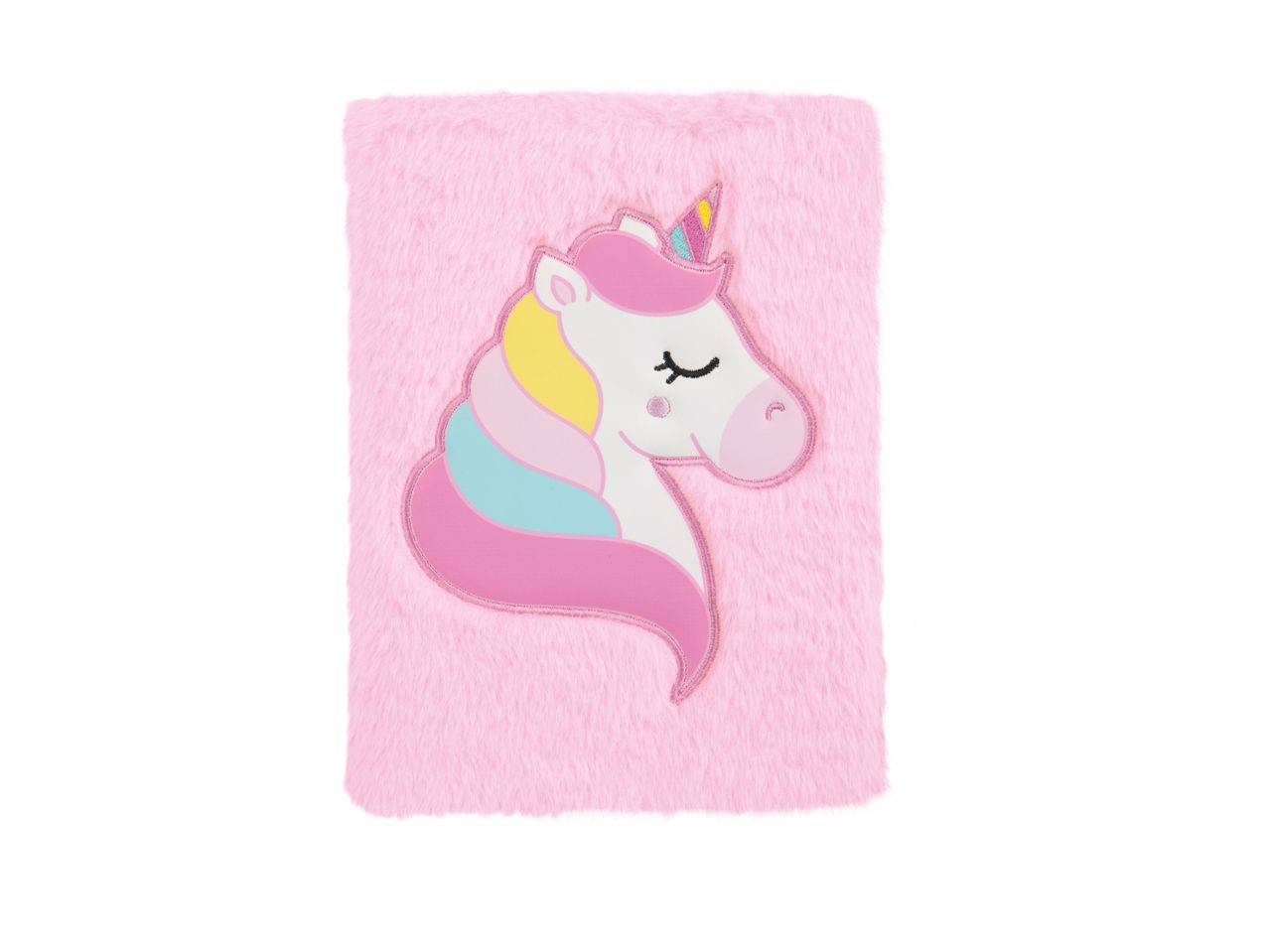 Pink plush notebook with unicorn applique.
