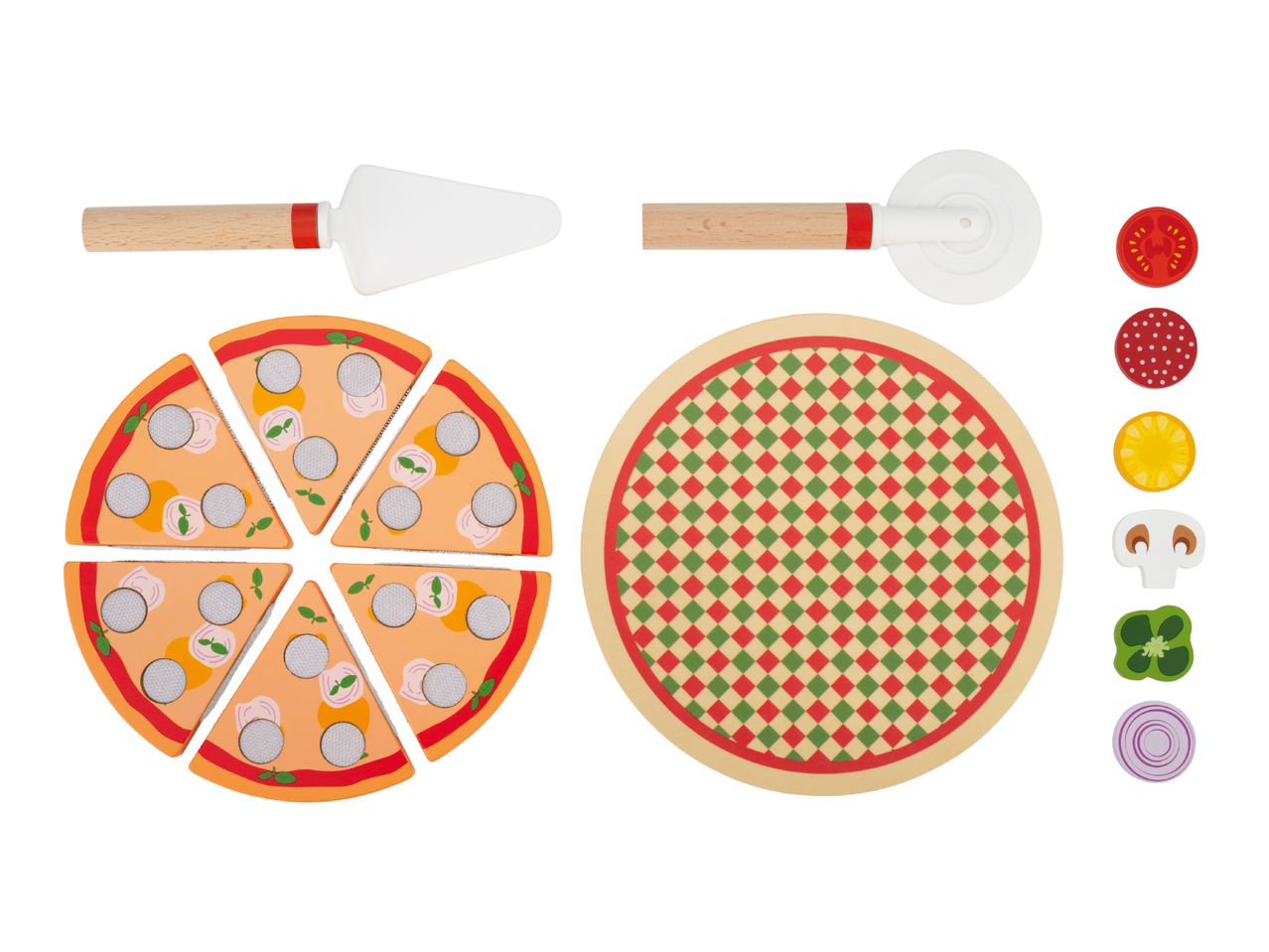 Wooden toy pizza set with slices, toppings, pizza board, and serving utensils.