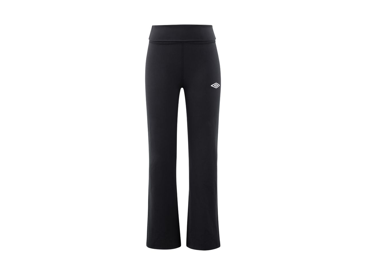 Sorte træningsbukser med lige ben og et hvidt logo på venstre lår.