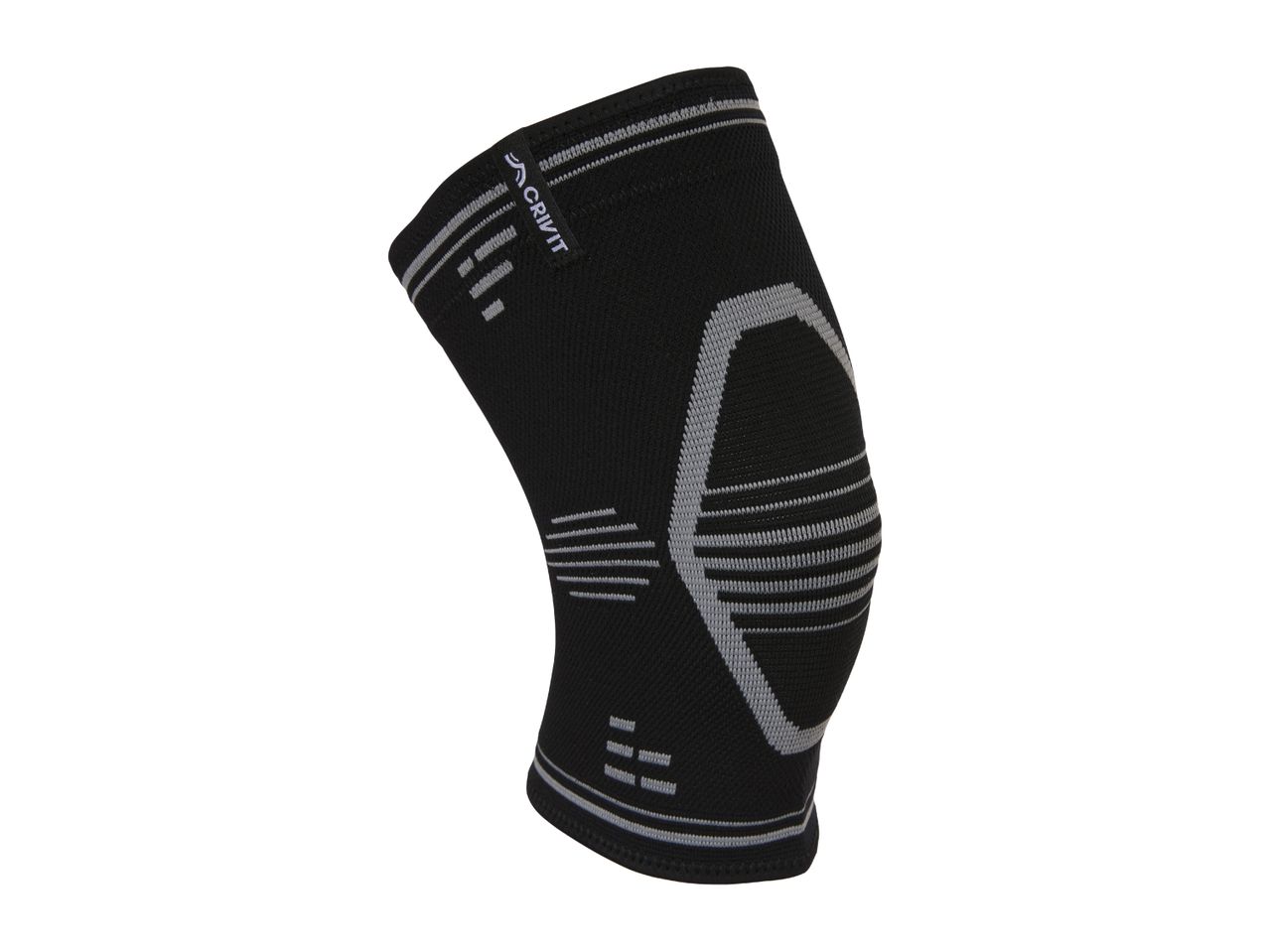 Black knee support with grey accents and textured patterns for athletic use.