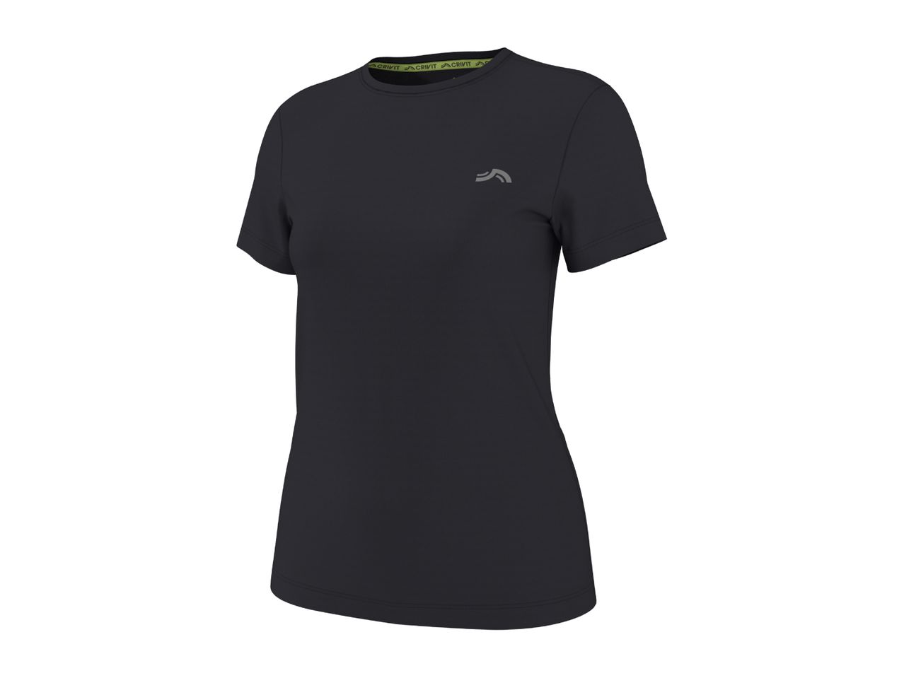 Black short-sleeved athletic t-shirt with a small grey logo on the chest.