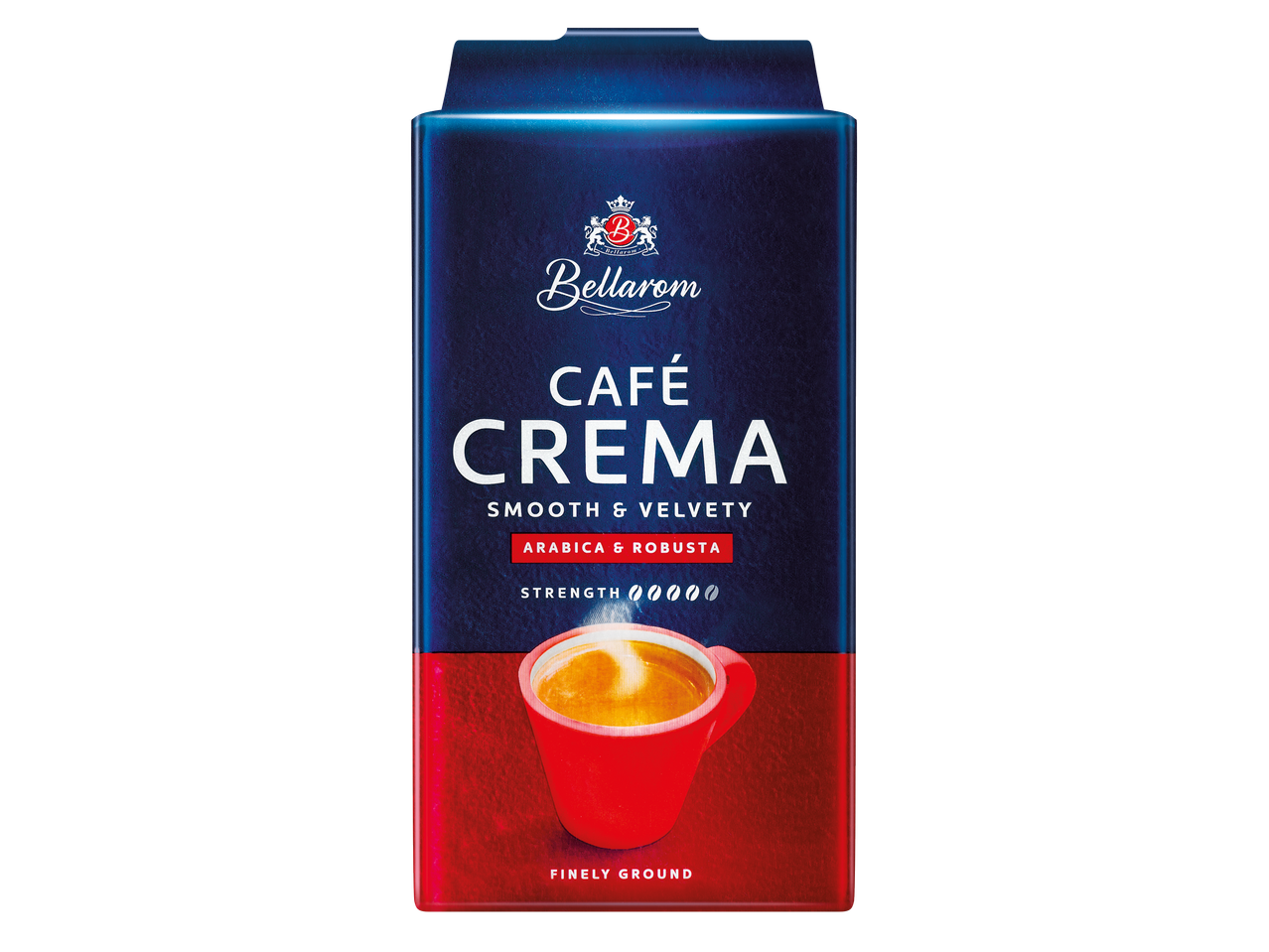 Опаковка кафе на зърна с надпис „CAFÉ CREMA SMOOTH & VELVETY ARABICA & ROBUSTA“ и червена чаша кафе.