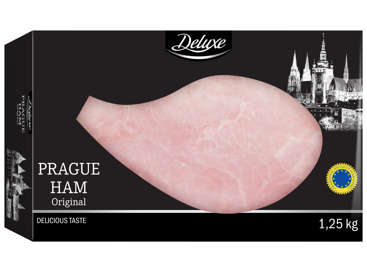 Опаковка от 1,25 кг оригинална шунка Прага с надпис „Вкусен вкус“ и печат за качество.