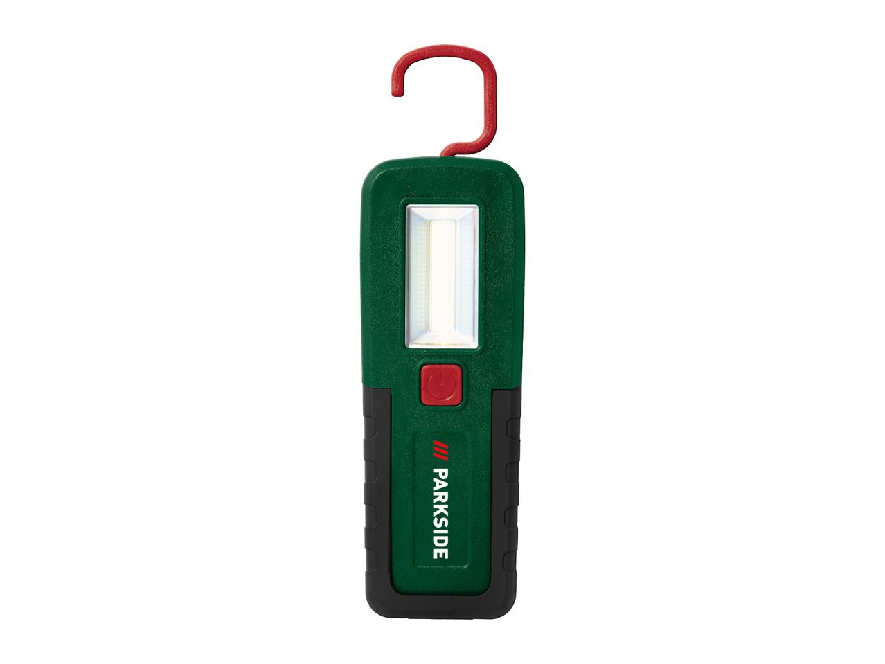 Green and black work light with a red hook and a bright LED panel