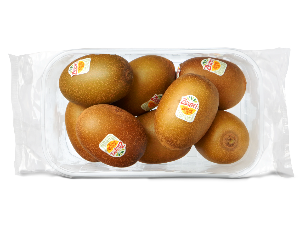 Een doorzichtige verpakking met acht goudkleurige kiwi's, elk met een sticker.