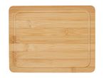 A square bamboo cutting board with a recessed inner area.