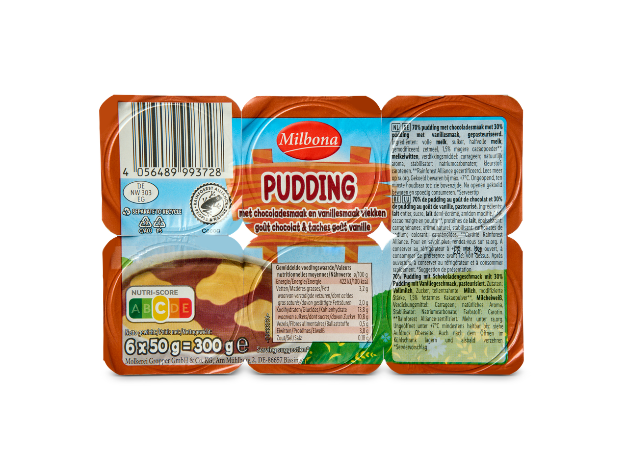 Zes Milbona puddingbekers met chocolade en vanille smaak.