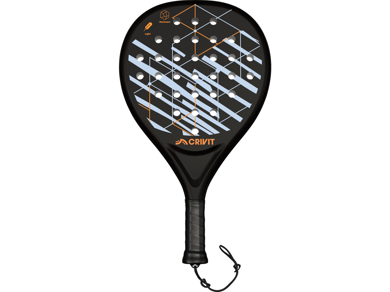 Zwart padelracket met lichtblauwe en oranje geometrische patronen, met 'Licht' en 'Bestendig' iconen.