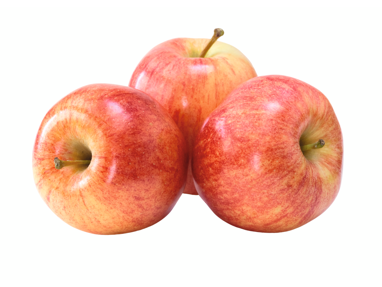 Three fresh red and yellow apples with stems, arranged closely together on a white background.