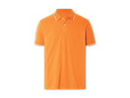 Ein orangefarbenes Poloshirt mit weißem Kragen.