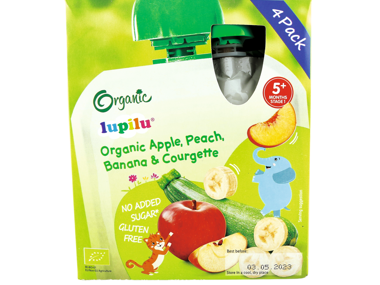 Lupilu Organic Apple, Peach, Banana & Courgette baby food pouch, 4-pack, for 5+ months.