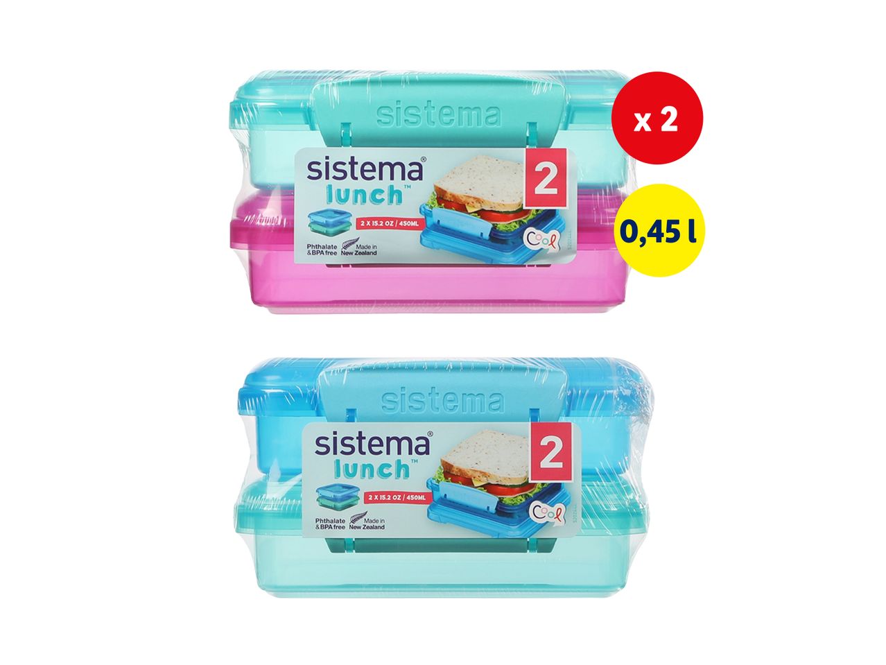 Dvi 'Sistema Lunch' maisto dėžutės, po 0,45 l, rožinės ir mėlynos spalvos.