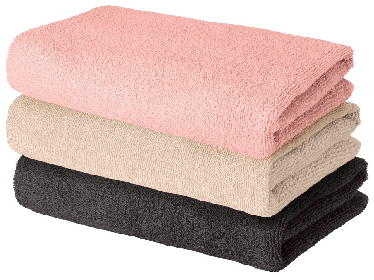 Подредени хавлиени кърпи в розово, бежово и тъмносиво.